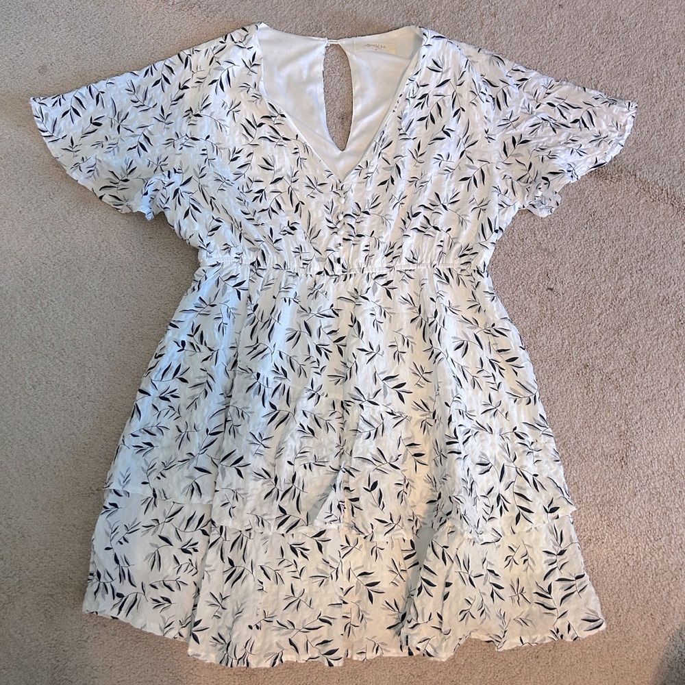 White and Navy Leaf Print Dress